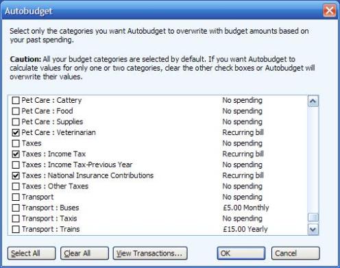 The AutoBudget in Microsoft (MS) Money - example view
