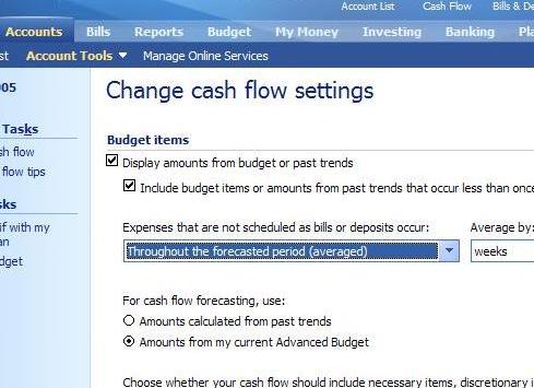 custom options on forecasting cash flow - changing from trended to budget items