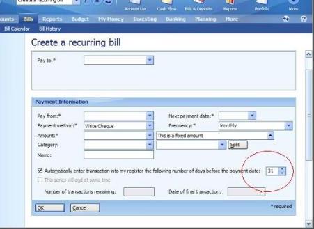 view of recurring bill or deposit days in advance entry