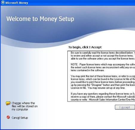 MSMoney startup screen showing the customize option to allow you to change the installation location
