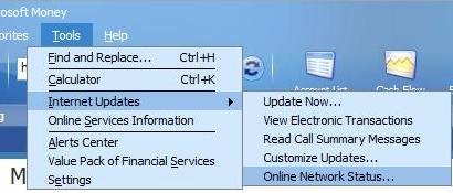 Link to Online Network Status for MSN money Moneycentral in Money Plus Internet Updates menu item