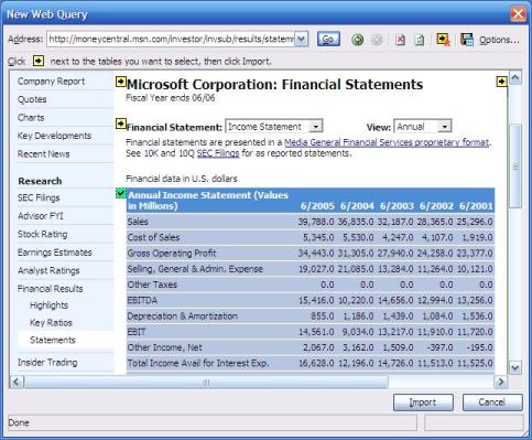 Web Query in Microsoft Excel showing import of external data
