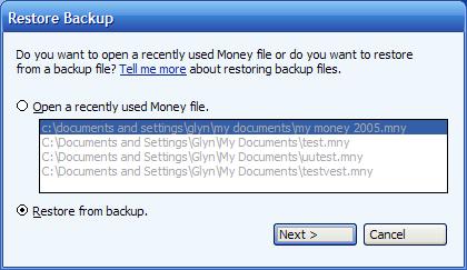 Selecting a MSMoney file or choosing a backup file on the restore backup menu