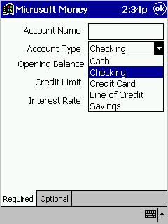 Create account screen for Microsoft Money for the Pocket PC