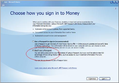 Setup window for Microsoft Money showing choice of not having a Passport