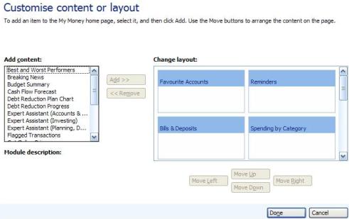 Screenshot of Customize Content or Layout page in Microsoft Money
