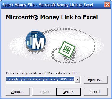 Ultrasoft MoneyLink Microsoft Excel Add in window showing how to select Money file