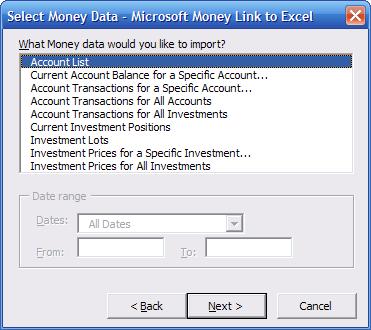 Ultrasoft Moneylink Microsoft Excel Add in image showing available import options