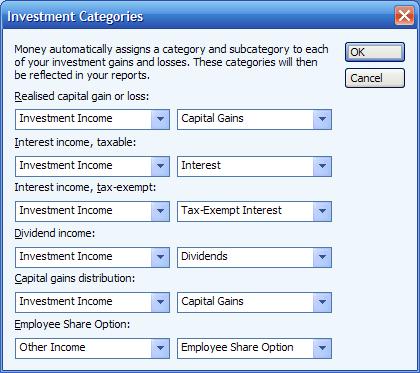 Default investment categories in Microsoft Money