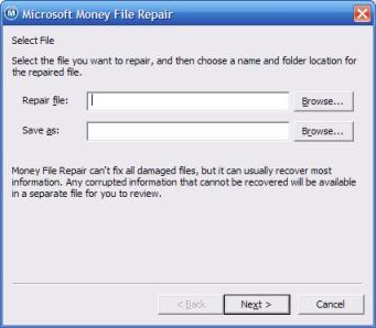 Selecting files for the Microsoft Money file repair tool