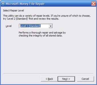 Choosing the repair level in the Microsoft Money repair tool