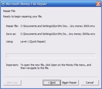 Confirmation window for Microsoft Money repair tool
