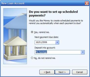 Choosing an account to deposit the interest into, nearing completion of the loan account wizard