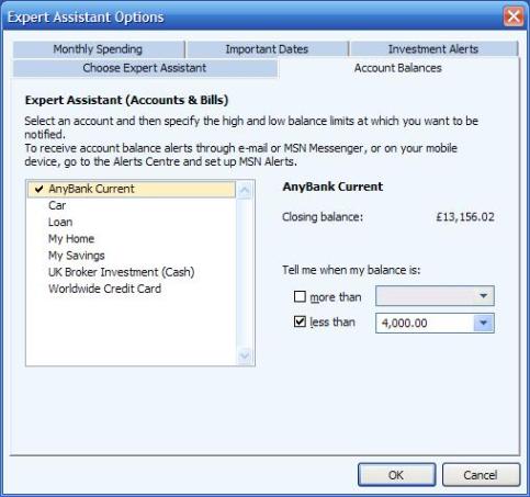 Setting upper and lower account balance warning limits in Expert Assistant or Advisor FYI in Microsoft Money