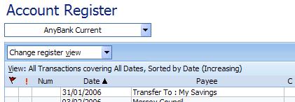 Sort view in the account register in Microsoft (MS) Money