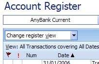 Black triangle denoting the sorted column in the Microsoft Money account register