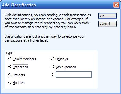 Choosing a predefined or user classification in Microsoft (MS) Money