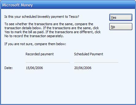 Pop up window shown when Microsoft Money finds a potential match with a manually entered transaction and a scheduled bill or deposit