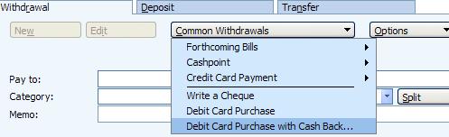 Option in Microsoft Money UK to use a debit card to pay for an item with cash back