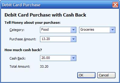 Entering the split details for a cashback transaction in Microsoft Money