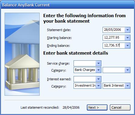 Entering information from your bank statement to balance an account in Microsoft (MS) Money