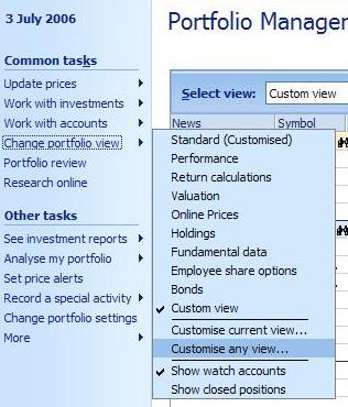 Choosing the option to customize the current portfolio view in Money