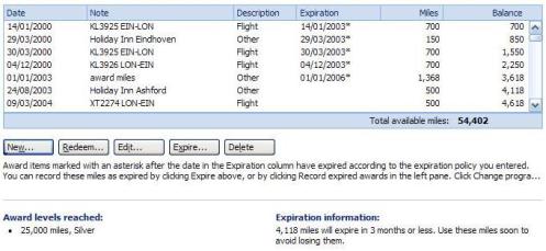 Showing expired miles or points in the Microsoft Money frequent flyer accounts