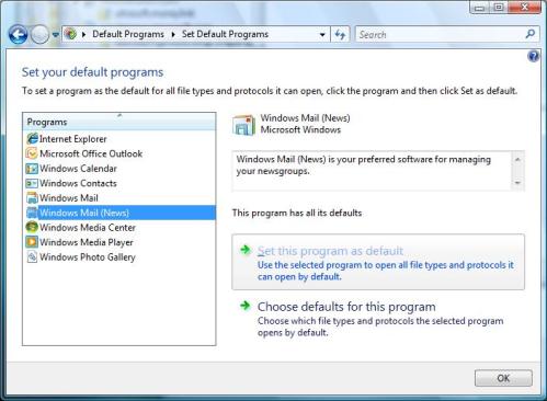 Set your default programs - choosind Windows Mail (News) for news: links in Vista