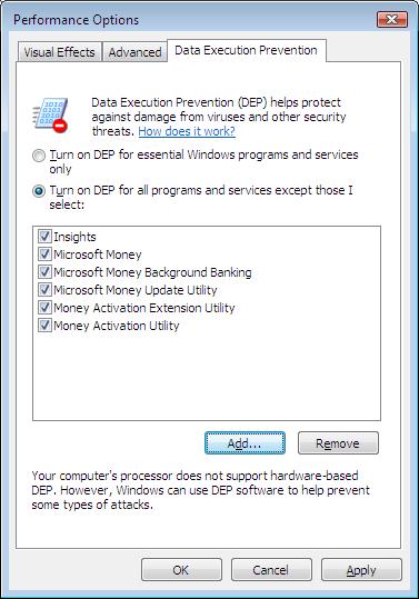 Data Execution Prevention (DEP) with Microsoft Money Plus executables