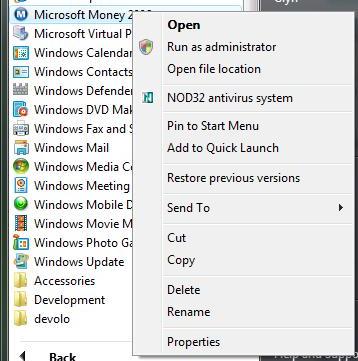 Context menu for Microsoft Money running under Windows Vista