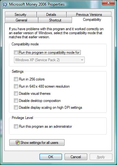 Compatibility mode tab in Windows Vista