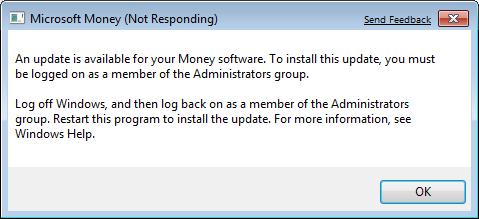 An update is available for your Money software. To install this update you must be logged on as a member of the Administrators group