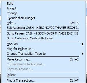 Right click context menu for Microsoft Money transaction matching